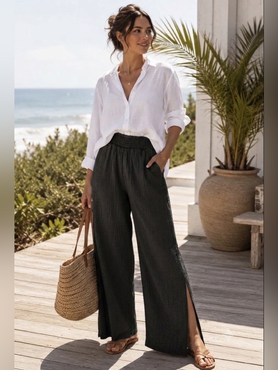 aerie Pants - Aerie Wide Leg Cotton Gauze Side Slit Coastal Beachy Pants , M